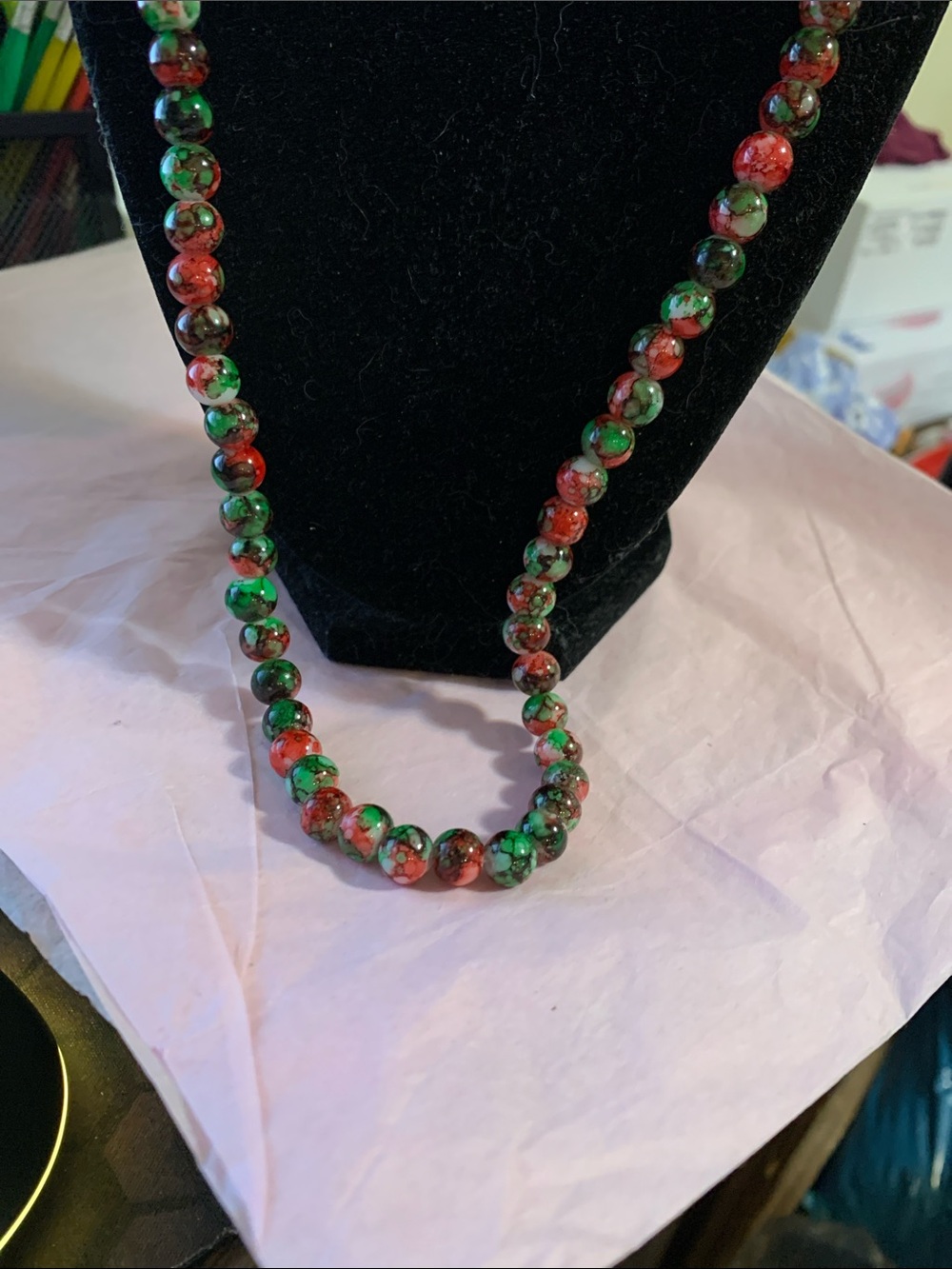 Red & Green Bead Strand Necklace for Women